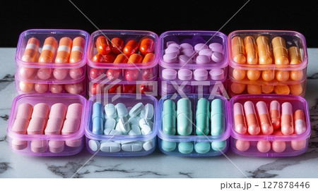 pill organizers vibrant capsules and tablets are arranged meticulously on sleek marble countertop, promoting organized approach daily medication management 127878446
