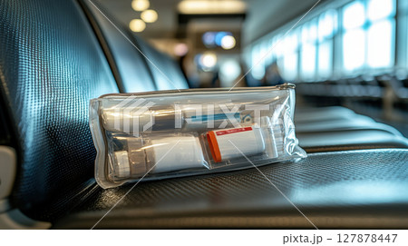 transparent first aid pouch rests on airport seat, showcasing travel essentials like motion sickness pills, sanitizer, and wound dressings setting is ideal for travelers seeking safety 127878447