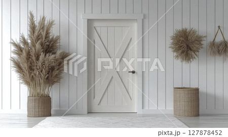 entryway showcases scandinavian style white wooden door set against white wall natural decor elements like plants and woven baskets add warmth clean, modern space 127878452