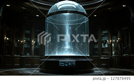 Inside scientific lab, cloud chamber displays intricate vapor trails left high energy particles As they move through mist, they create glowing paths illuminate dark surroundings 127878495