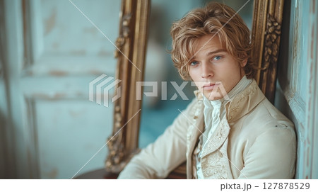 nobleman stands in lavish room, lost in contemplation as he gazes his reflection in antique mirror His elegant yet disheveled outfit conveys air of melancholy and introspection 127878529