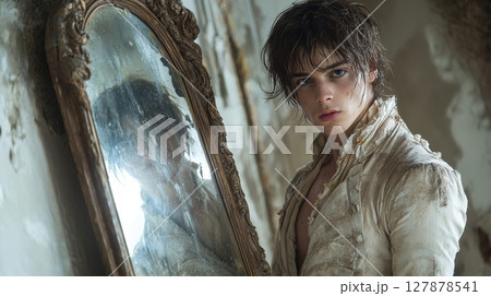 In vintage room, nobleman gazes into antique mirror, his disheveled royal attire contrasting his deep expression of regret atmosphere is heavy nostalgia and introspection In vintage room, nobleman gazes into antique mirror, his disheveled royal attire contrasting his deep expression of regret atmosphere is heavy nostalgia and introspection 127878541