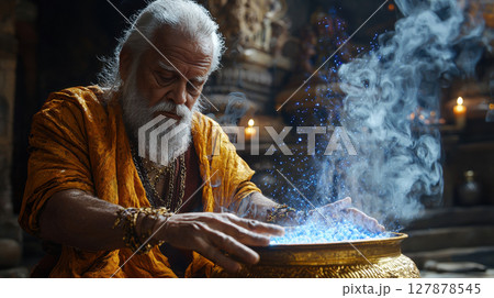 In dim chamber lit flickering candles, skilled alchemist pours glowing vitamin powder into golden cauldron, surrounded rising mystical blue vapors 127878545