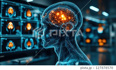 side profile view of person displays MRI brain scan overlaid emphasize active pain centers during migraine attack illustrates neural activity crucial for understanding migraines 127878570