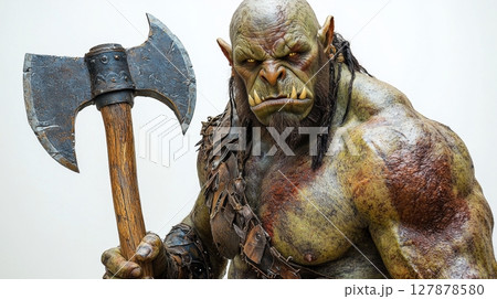 massive orc stands confidently, showcasing dark green skin and sharp tusks Clad in rugged leather armor and red war paint, he grips massive battle axe while exuding warrior pride 127878580