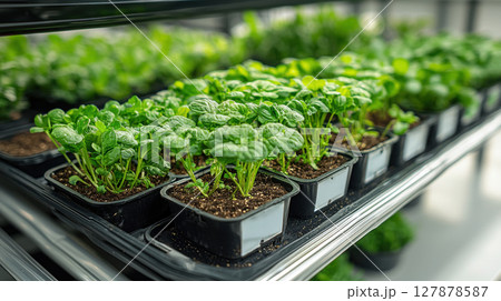 Seed packets are arranged neatly, each displaying images of mature plants vibrant seedlings showcase healthy growth in containers on greenhouse shelf, ready for planting 127878587
