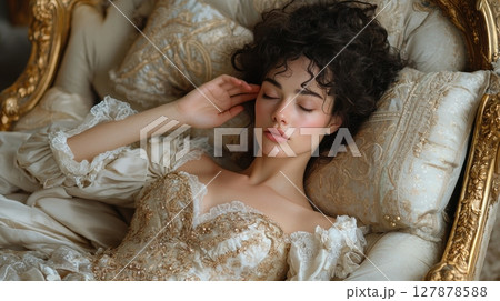woman adorned in dazzling golden gown dramatically collapses onto fainting couch in luxurious rococo style setting she appears overwhelmed emotion, hand on her forehead woman adorned in dazzling golden gown dramatically collapses onto fainting couch in luxurious rococo style setting she appears overwhelmed emotion, hand on her forehead 127878588