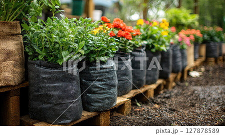 colorful row of seed packets shows images of plants each will grow into, arranged neatly in market ready display, emphasizing gardening and cultivation possibilities colorful row of seed packets shows images of plants each will grow into, arranged neatly in market ready display, emphasizing gardening and cultivation possibilities 127878589