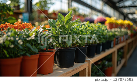 Colorful seed packets are neatly aligned in market space where shoppers can visualize mature plants they will grow display invites gardening enthusiasts 127878592