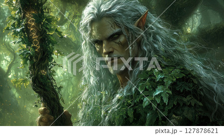 tall druid stands in vibrant forest illuminated soft light 127878621
