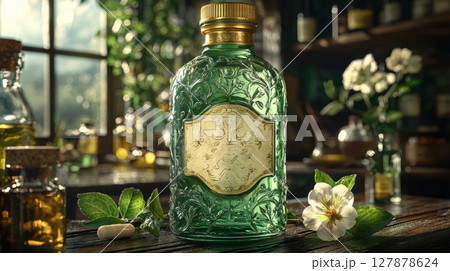 intricately illustrated vitamin bottle is showcased elegant typography and floral vines, highlighting organic beauty and wellness in vintage setting filled natural elements 127878624