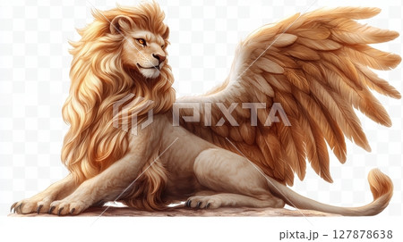 majestic griffin displays its golden eagle wings fully extended, piercing amber eyes and muscular lion like body Its beak is slightly open, as if preparing roar 127878638