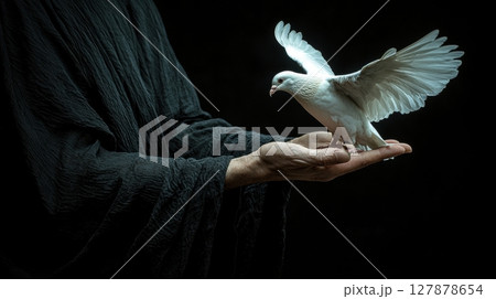 in classic magic performance, magician sharp features unveils pure white dove from black silk cloth dramatic lighting enhances suspenseful atmosphere of act in classic magic performance, magician sharp features unveils pure white dove from black silk cloth dramatic lighting enhances suspenseful atmosphere of act 127878654