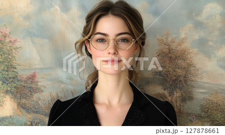 sophisticated woman poses gracefully delicate gold framed aviator glasses elegant velvet backdrop enhances classic and royal atmosphere of setting 127878661