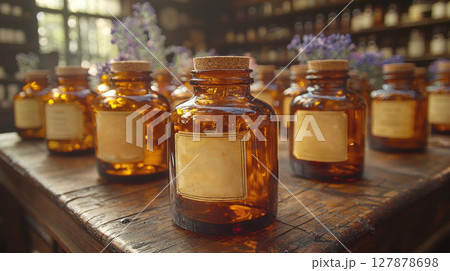 old fashioned wooden pharmacy counter displays vintage glass medicine bottles alongside neatly labeled herbal remedies warm atmosphere evokes sense of nostalgia and history 127878698