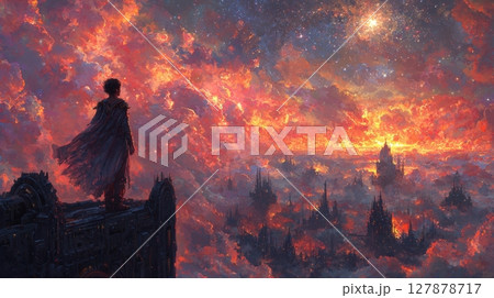 powerful intergalactic empress stands proudly on edge of massive spaceship she gazes intently vivid cosmic battlefield illuminated dawn, waves of color reflecting her strength 127878717