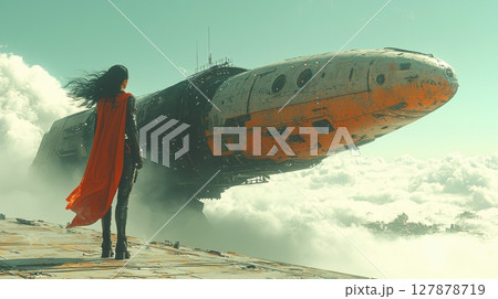 powerful intergalactic empress stands boldly on edge of massive spaceship, gazing over vast cosmic battlefield 127878719
