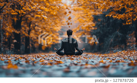 In dense forest blanketed autumn foliage, serene figure sits in meditation Leaves float and spiral gracefully around, enhancing magical ambiance of nature 127878720