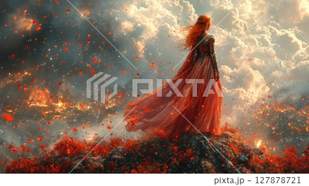 powerful intergalactic empress in flowing metallic cape stands edge of massive spaceship she gazes intently cosmic battlefield scattered bright colors and distant explosions 127878721
