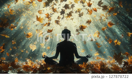 In tranquil forest filled tall trees, peaceful figure meditates while colorful autumn leaves swirl around, creating magical and serene atmosphere filled light 127878722