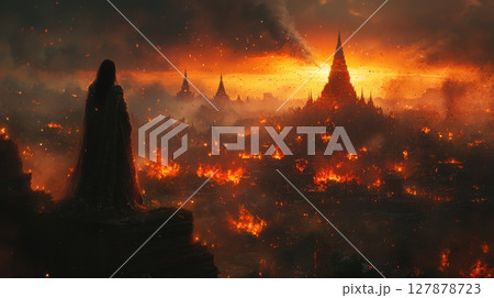 formidable intergalactic empress stands majestically on massive spaceship, her metallic cape flowing as she observes chaotic cosmic battlefield fiery destruction unfolding in distance 127878723