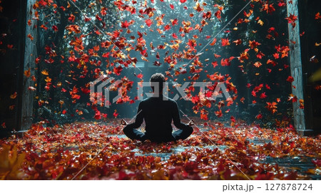In tranquil forest filled vibrant autumn colors, figure in meditative pose is surrounded levitating leaves, creating mystical atmosphere of peace and connection nature 127878724
