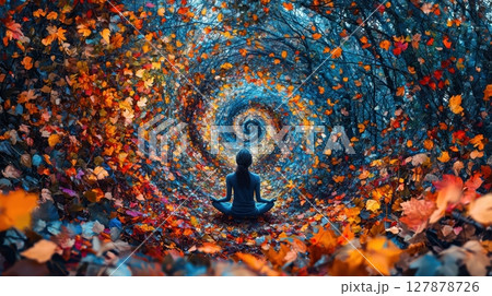 In dense forest, serene figure sits in meditation while vibrant autumn leaves swirl around, creating magical and tranquil environment invites inner peace 127878726