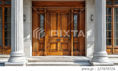 composition showcases grand wooden door adorned detailed carvings, flanked aged stone columns, reflecting beauty of historical Roman architecture in timeless setting 127878728