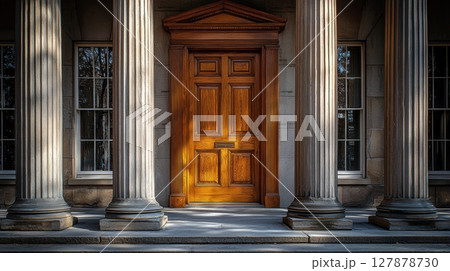 grand wooden door showcases detailed carvings and is surrounded aged stone columns, reflecting splendor of ancient Roman architecture in historical setting 127878730