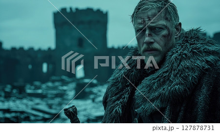 in desolate ruins of grand castle, medieval king reflects on loss while clutching sword planted in stone his battle worn armor and cloak hint past struggles and future resolve 127878731