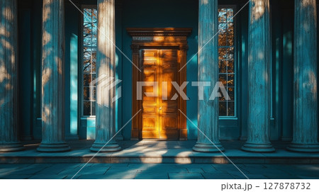 Intricate carvings adorn massive wooden door, set within weathered stone columns structure reflects magnificence of ancient Roman design, basking in warm sunlight 127878732