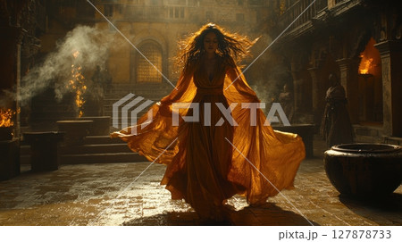woman in flowing silk dress is gracefully suspended in midair her hair and fabric of her dress swirl weightlessly in softly lit, dreamlike atmosphere, creating magical ambiance 127878733