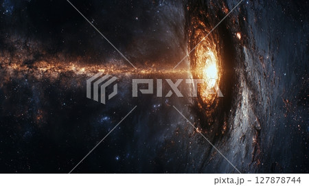 cinematic deep space rendering depicts black hole warping light of distant stars as it demonstrates principles of general relativity and cosmic phenomena in action 127878744