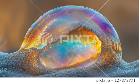 Swirling soap bubbles display mesmerizing colorful interference patterns in dreamy macro view capturing beauty of thin film interference and wave optics play 127878771
