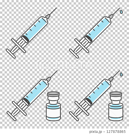 イラスト素材：ワクチンや予防接種の注射・注射器（バリエーションのセット） 127878865
