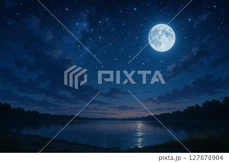 夜の海に浮かぶ満月と星空の下の風景画 127878904