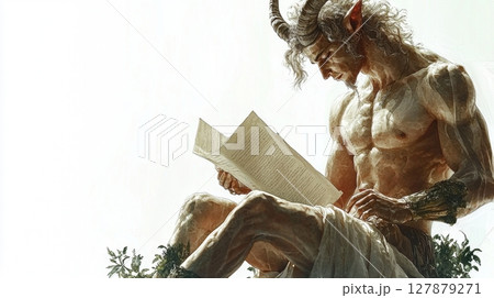 majestic centaur gray streaks in his long mane sits in dignified pose he thoughtfully examines ancient parchment scroll, reflecting wisdom and contemplation 127879271