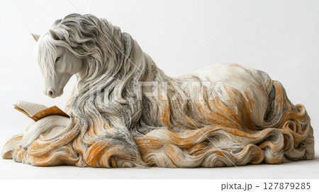 gray streaks in his long flowing mane, centaur sits dignified while reading ancient parchment scroll, embodying wisdom and contemplation in serene ambiance 127879285