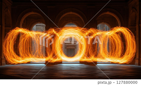 long exposure shot captures pendulum swinging through space, leaving bright light trails visualize harmonic motion and illustrate concept of energy conservation effectively 127880000