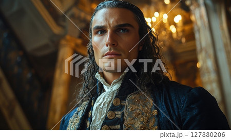 In richly decorated ballroom, king reveals his expression filled defiance and sorrow as he pulls off ornate mask during grand masquerade ball golden embroidery shines 127880206