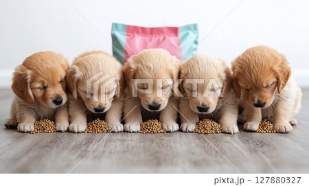 Five fluffy golden retriever puppies eagerly munch on kibble from shared bowl, surrounded colorful pet food bag in well lit space, showcasing their playful nature and excitement 127880327