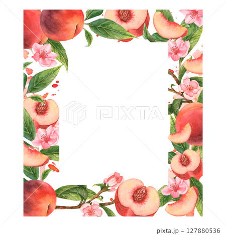 Watercolor frame with flowers and fruits: peaches, nectarines. 127880536