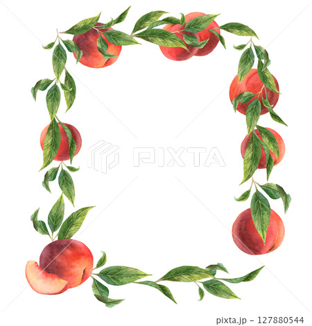 Watercolor frame with flowers and fruits: peaches, nectarines. 127880544