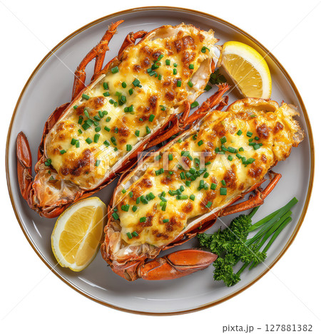 Succulent Lobster Thermidor in Half Shells with Creamy Sauce and Garnish on Elegant Plate 127881382