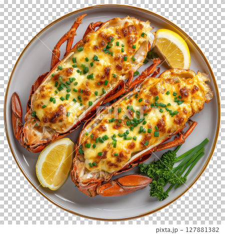 Succulent Lobster Thermidor in Half Shells with Creamy Sauce and Garnish on Elegant Plate Succulent Lobster Thermidor in Half Shells with Creamy Sauce and Garnish on Elegant Plate 127881382