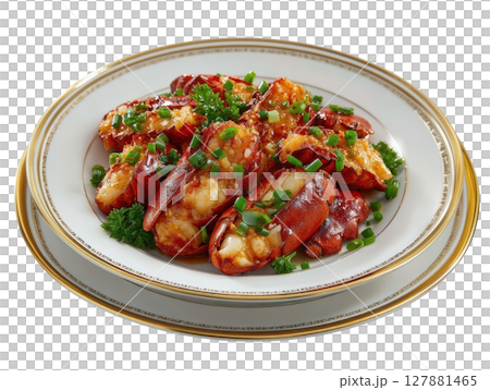 Succulent Lobster Stir Fried with Ginger and Scallions on Plate with Garnish 127881465