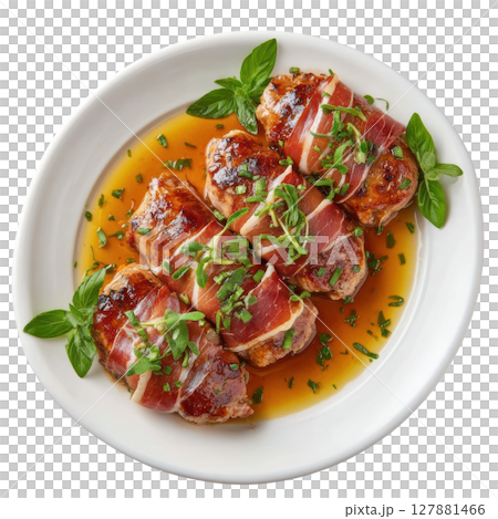 Delicious Veal Saltimbocca Cutlets Topped with Prosciutto and Fresh Sage in a Golden Brown Sauce 127881466