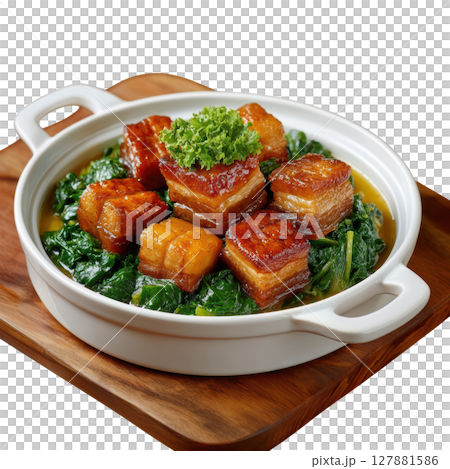 Braised Pork Belly with Preserved Mustard Greens in Savory Sauce on a Wooden Board Braised Pork Belly with Preserved Mustard Greens in Savory Sauce on a Wooden Board 127881586