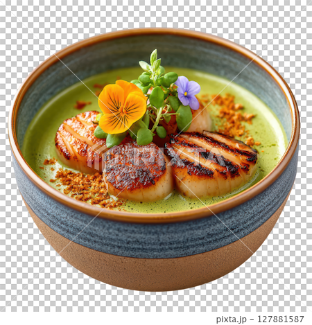 Luxurious Thai Green Curry Panna Cotta with Creamy Coconut Milk and Fresh Scallops for Gastronomic Delight Luxurious Thai Green Curry Panna Cotta with Creamy Coconut Milk and Fresh Scallops for Gastronomic Delight 127881587