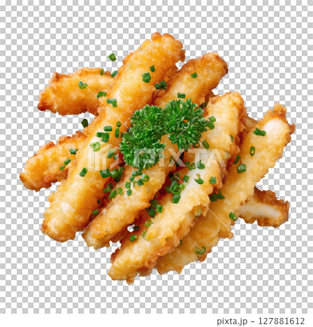 Crispy Vegetable Tempura Sticks Garnished with Chives and Parsley on White Background 127881612